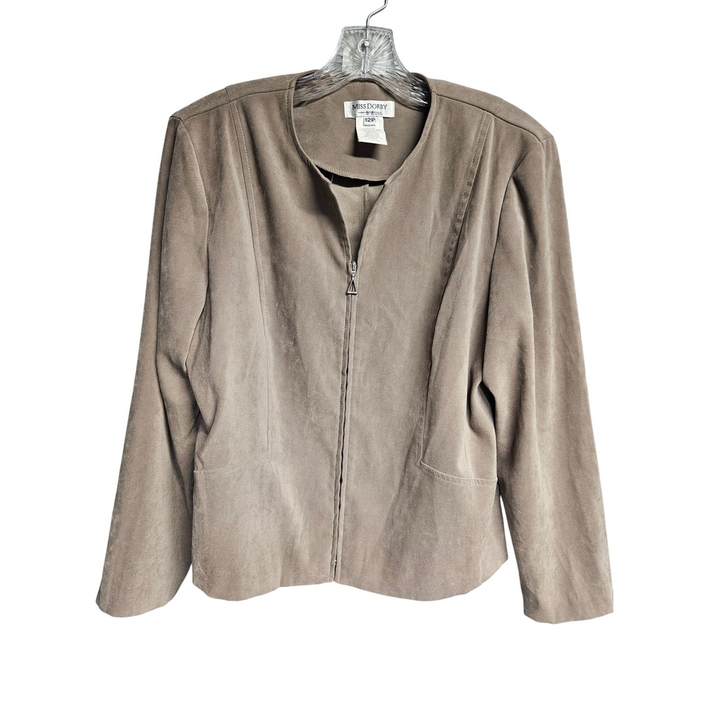 Miss Dorby Petite Faux Suede Zip Up Jacket Taupe Brown 12P 2355541 Collarless